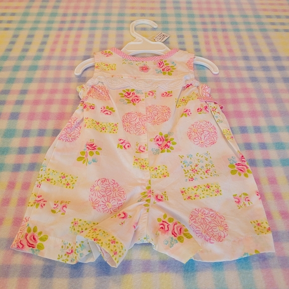 KRU LAYETTE 💐 Sweet Little Pink 'n Green Floral Sleeveless Romper w/Bows  0-3M - Picture 10 of 16